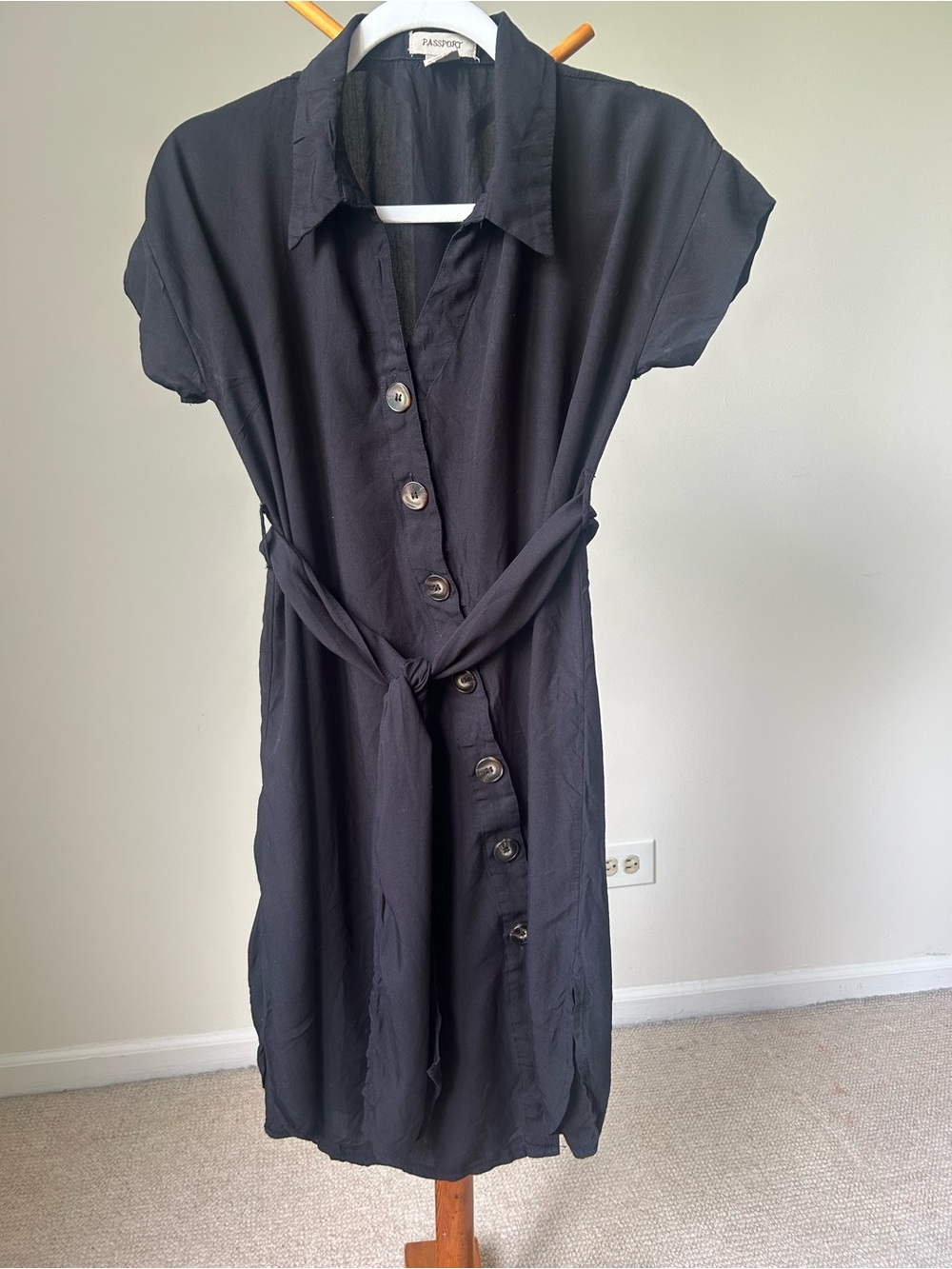 Passport Black Button-Front Shirt Dress with Tie Waist